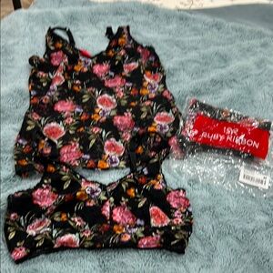 Ruby Ribbon Black and Pink Floral Bra Set